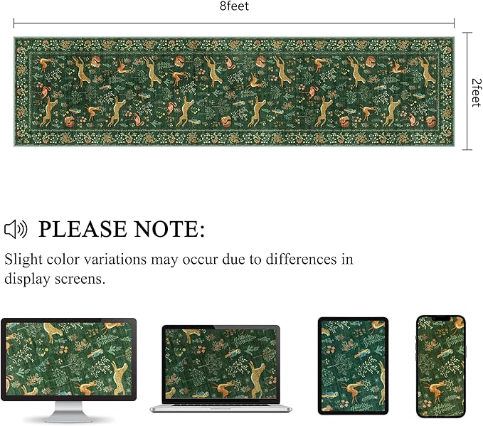 DUKINO Runner Rug, 2x8 Boho Kitchen Rug for Hallways with Low Pile Design, Washable Non Slip Backing Soft Floral Runner for Kitchen, Hallway, Entryway, Bedroom, Laundry, Green
