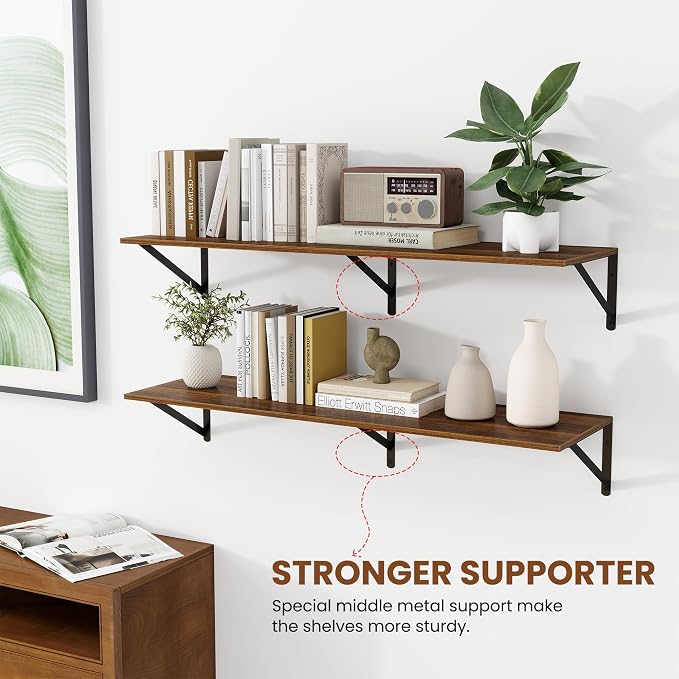 Heimlove 12 Inch Deep Floating Shelves for Wall, 40W x 12D Wood Wall Shelves Set of 2, Walnut Wide Floating Bookshelf for Living Room, Kitchen, Office, Bedroom, with Black Metal Bracke - Walnut