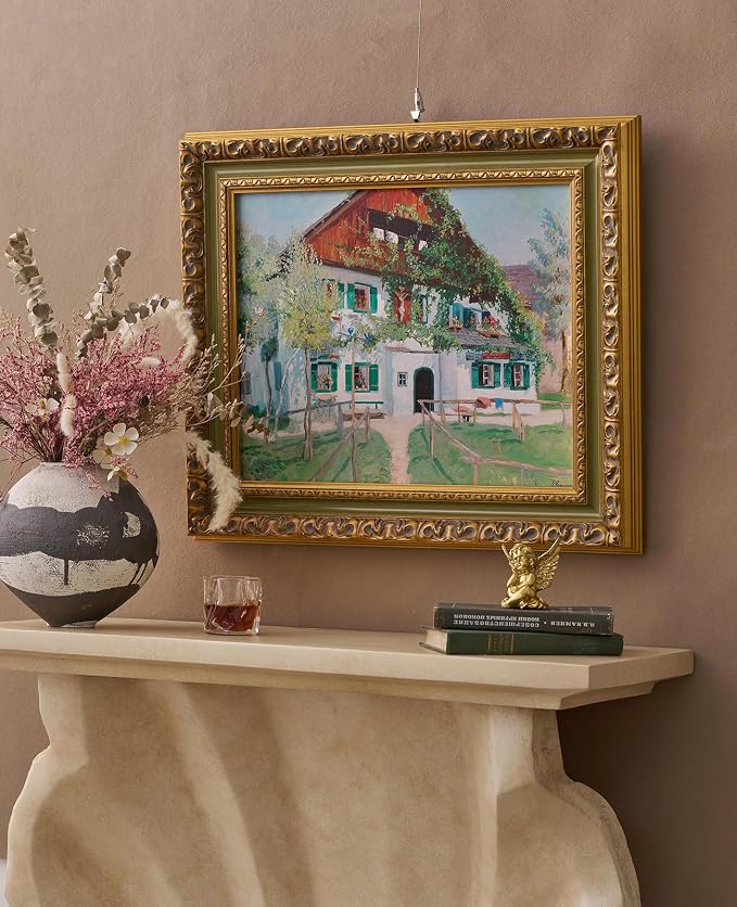 18x24 Plein Air Frame for Handmade Stretched Canvas Paintings, DIY Solid Wood Old-fashioned Gallery Wall Art Frame for Home Office Bedroom Entryway Decor, No Glass & Backing (Green Gold)