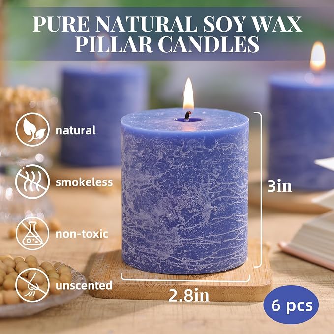 6 Pack Natural Blue Soy Pillar Candles, 2.8x3 in Hand-Poured Unscented Candles, 180 H Burn Time, Non-Toxic, Smokeless Dripless Rustic Pillar Candle for Dinner, Wedding, Home, Bathroom