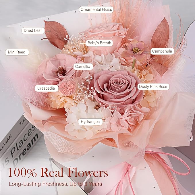 Preserved Bouquet of Flowers - Real Roses & Flowers for Delivery, Long-Lasting Dusty Pink Forever Camellia Flowers, Mothers Day Gifts for Mom Grandma Wife, Anniversary Birthday Gifts for Women