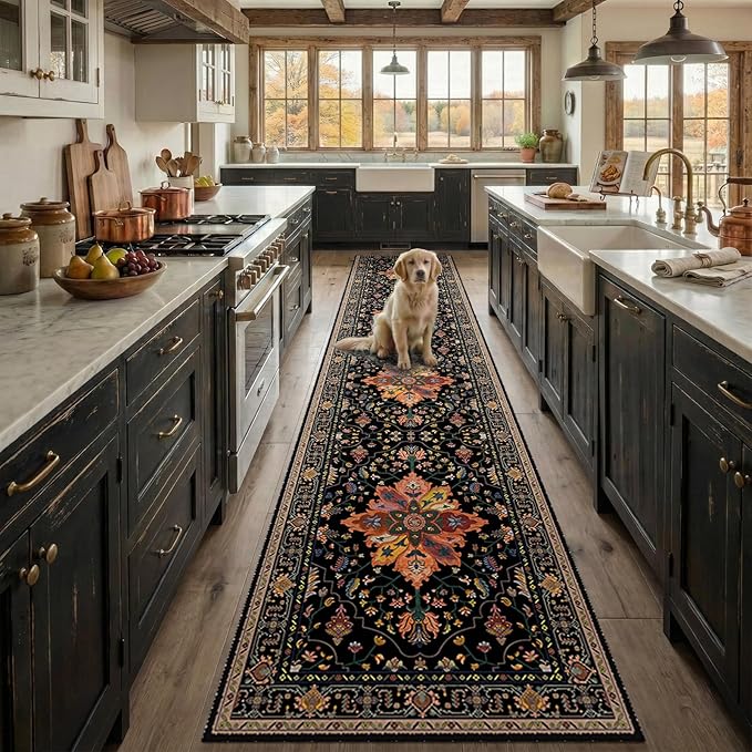 RELEANY Area Rugs 2'6''x12' Runner Rug Non Slip Washable for Kitchen Hallway Bedroom Beside Laundry Room Bathroom Rug, Floor Carpet, Black Colorful Floral Dark Tan