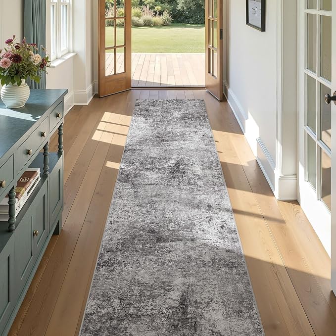 DMOYEST Washable Runner Rug for Hallway: 2.6x10 Neutral Modern Abstract Low Pile Area Rug with Non-Slip Backing - Carpet for Bedroom Kitchen Laundry Entryway Bathroom Indoor - Grey