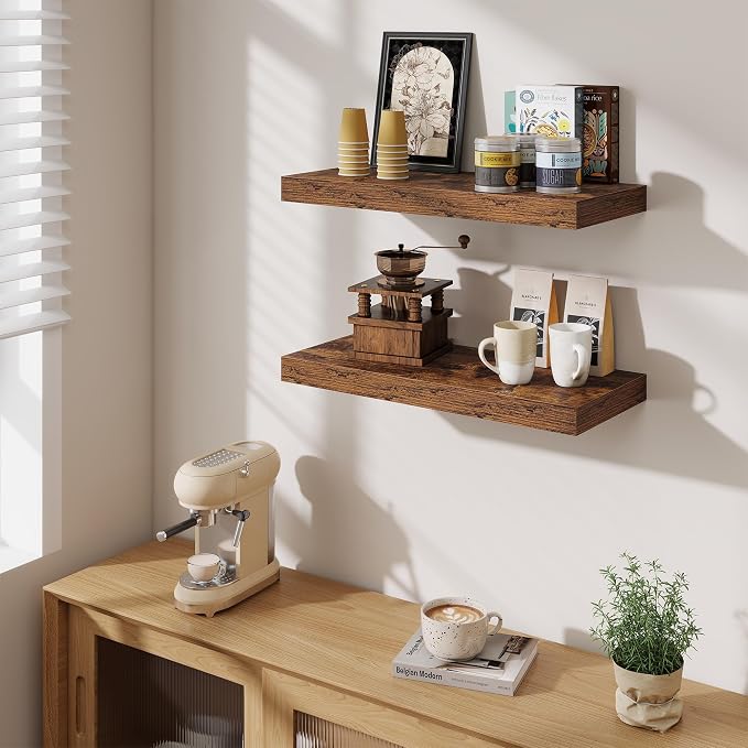Fun Memories 24 Inch Floating Shelves Wall-Mounted, 10 Inch Deep Wall Shelves, 24 x 10 Floating Shelf for Living Room Bathroom Bedroom, Rustic Brown, Set of 3