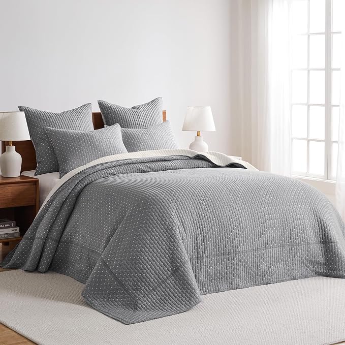 Levtex Home Cross Stitch Reversible Twin Bedspread Set (84x104in) with 1 Pillow Sham (26x20in) - Stitch Texture - Grey and White - Cotton Twin Size Bedspread Set - Lightweight, Soft, Pre-Washed