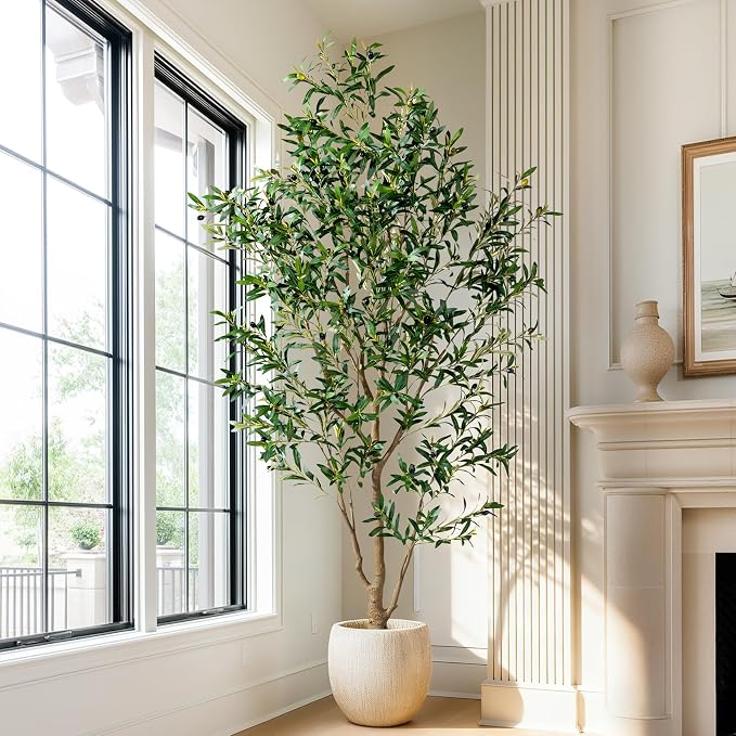 7FT Artificial Olive Tree with Realistic Leaves & Natural Trunk, Faux Silk Olive Plant in White Planter, Tall Fake Tree for Modern Home Office Living Room Entryway Corner Decor, Maintenance Free