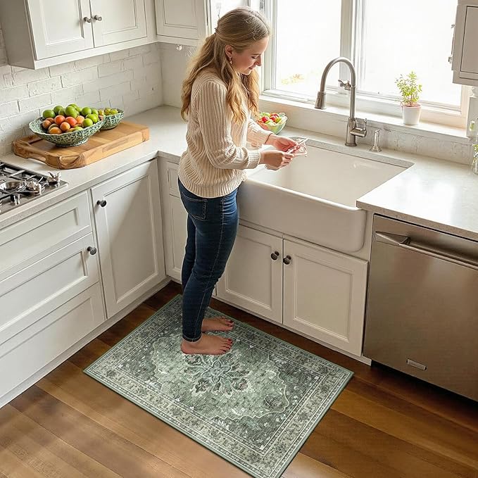 RELEANY Area Rugs 2'x3' Kitchen Rugs Entry Rug Small Rugs for Entryway Kitchen Bathroom Door Mat Indoor Entrance,Washable Non Slip, Dark Green Gray