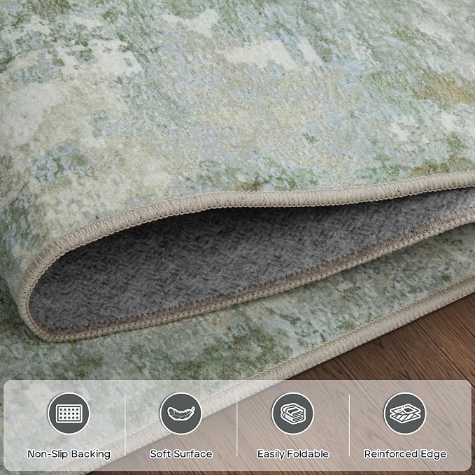 5x7 Area Rugs for Living Room Rug Washable: Modern Rug for Dining Room Bedroom Carpet Non Slip Low Pile 5 by 7 Indoor Abstract Nursery Home Office Green
