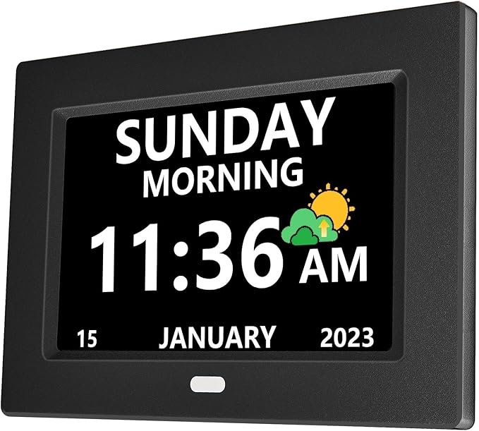 LXBYJKJ 7 Inch Digital Clock with Day and Date for Elderly Alzheimer's Clock Customizable Alarms 3 Display Modes Large Font Alarm Clock for Seniors Auto DST Black