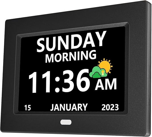 LXBYJKJ 7 Inch Digital Clock with Day and Date for Elderly Alzheimer's Clock Customizable Alarms 3 Display Modes Large Font Alarm Clock for Seniors Auto DST Black