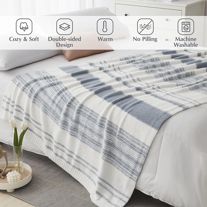 WRENSONGE Soft Throw Blanket for Couch-Cozy Reversible Knitted Blankets | Lightweight Warm Fluffy Decor for Women, Mom, Her & Girls, Sofa, Chair, Bed, 50x70in, Grey Blue Stripe