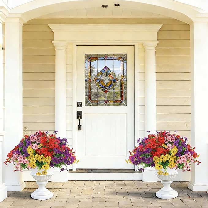 Senjie 24 Bundles Artificial Flowers Bulk for Outdoor Decor, UV Resistant Fake Plastic Flowers, Faux Flowers for Porch Patio Window Boxwood Garden