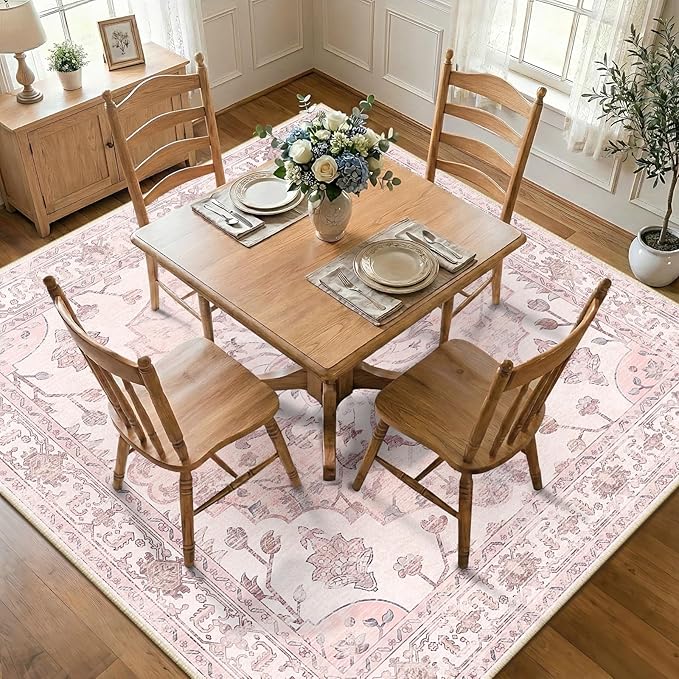 RELEANY Area Rugs Square 8ft Washable Non-Slip, Floral Vintage Distress Print Pattern Medallion Carpet for Living Room Bedroom Dining Room, Pink Greypink Cute
