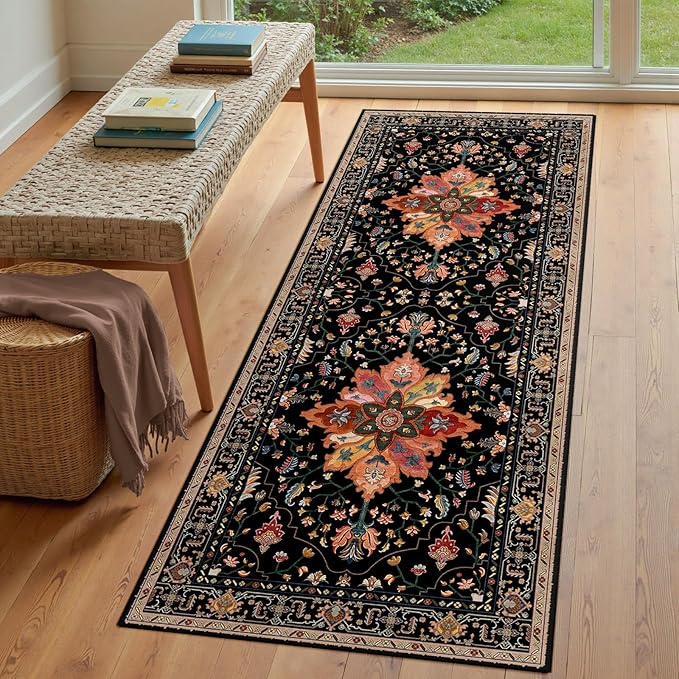 RELEANY Area Rugs 3'x7' Runner Rug Non Slip Washable for Kitchen Hallway Bedroom Beside Laundry Room Bathroom Rug, Floor Carpet, Black Colorful Floral Dark Tan