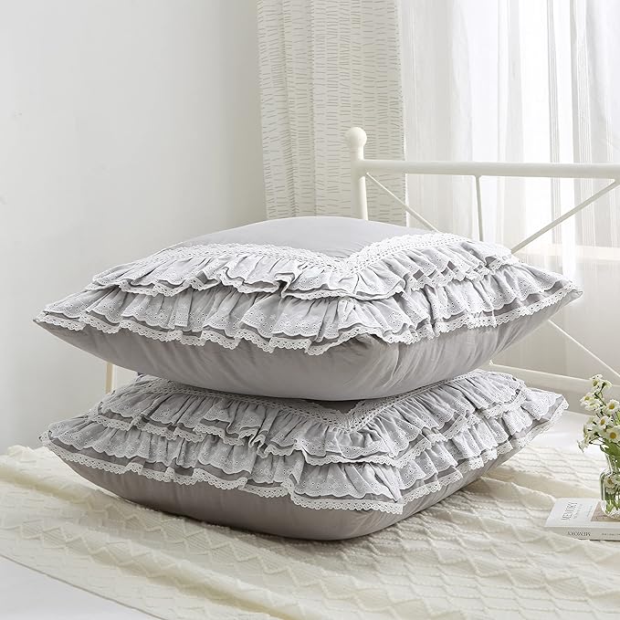Light Gray Lace Euro Shams Luxury Throw Pillow Covers Cushion Cases with Ruffles Cotton 26"X26" Zipper Closure Elegant 2-Pack