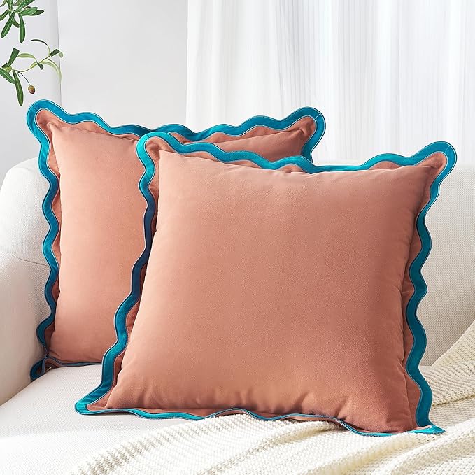 MONDAY MOOSE Decorative Throw Pillow Covers Cushion Cases, Set of 2 Soft Velvet Scalloped Wavy Edge Designs, Mix and Match for Home Decor, Pillow Inserts Not Included (16x16 inch, Teal/Pink)
