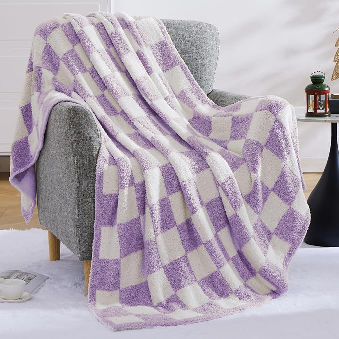 WRENSONGE Soft Twin Size Checkered Blanket for Bed-Cozy Knitted Blankets | Lightweight Fluffy Warm Decor for Women, Mom, Her & Girls, Sofa, Chair, Couch, 60x80in,Purple