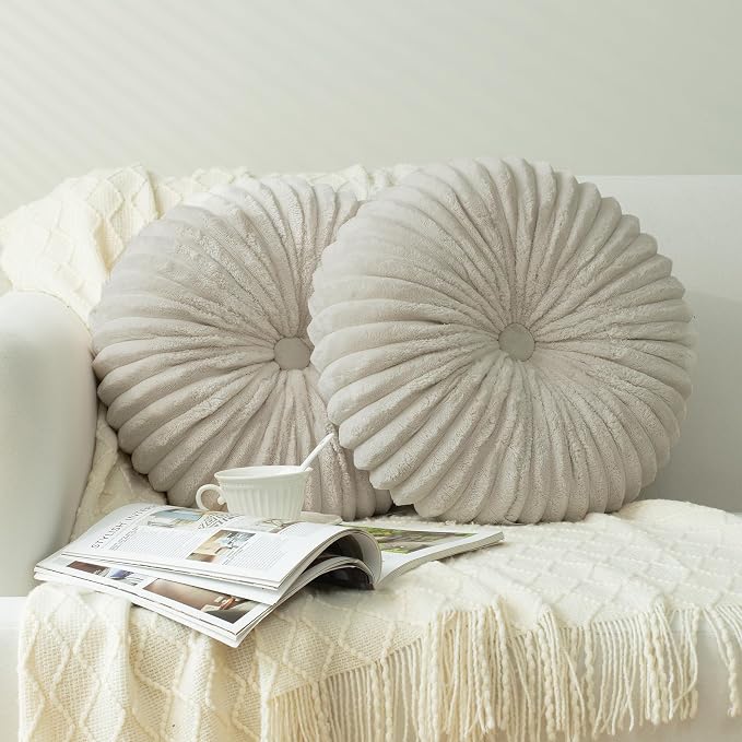 HIG Decorative Round Throw Pillows for Bed Couch -Set of 2 Handcraft Ruched Pumpkin Pillow, Soft and Durable Flannel Floor Pillow for Home Decor, Bed Living Room and Sofa (Beige,14.5"x14.5")