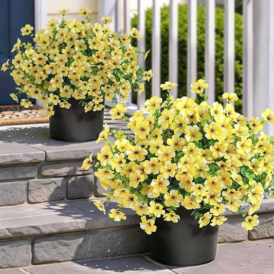 Artificial Morning Glory & Eucalyptus Topiary Trees - Set of 2 Faux Silk Flower Potted Plants, UV-Resistant Fake Outdoor Morning Glory Bushes for Front Door, Yard, Farmhouse, Garden Decor (Yellow)