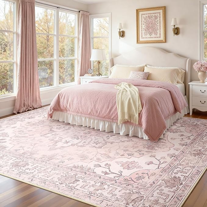 RELEANY Area Rugs 10'x12' Washable Non-Slip, Floral Vintage Distress Print Pattern Medallion Carpet for Living Room Bedroom Dining Room, Pink Greypink Cute