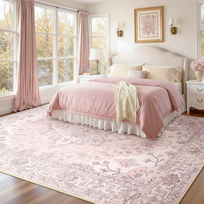 RELEANY Area Rugs 7'x10' Washable Non-Slip, Floral Vintage Distress Medallion Carpet for Living Room Bedroom Dining Room, Pink Greypink Cute