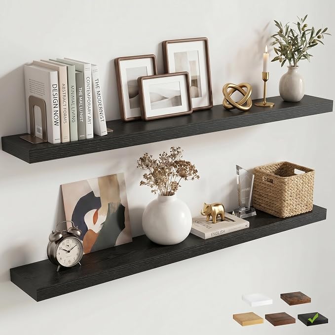 Venusmiles Floating Shelves for Wall, 48 Inch Floating Shelves Set of 2, 6.5" D Wooden Wall Mounted Display Shelves with Invisible Brackets for Living Room, Bedroom, Bathroom, Kitchen Decor, Black