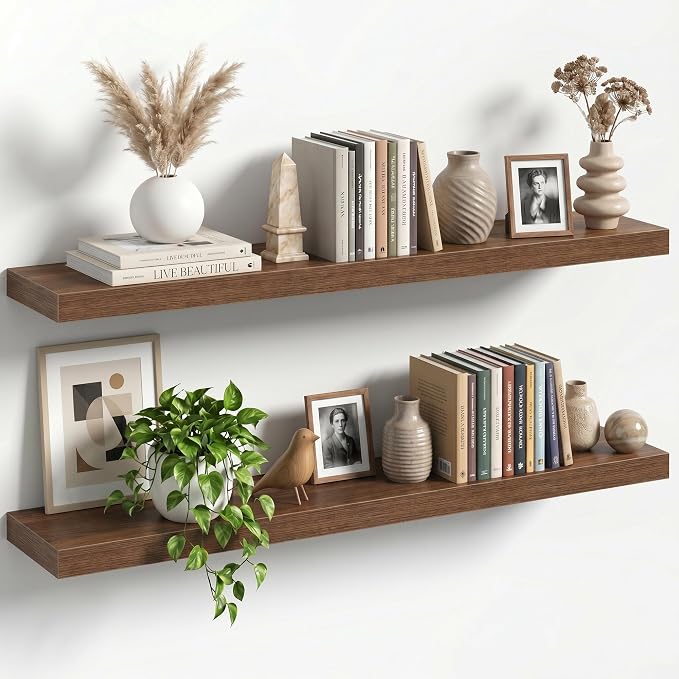 40" Floating Shelves for Wall, Set of 2, 8" Deep, 1.5" Thick, Walnut Finish | Rustic Wood Wall Shelves with Invisible Brackets, Storage and Display for Bathroom, Bedroom, Living Room or Kitchen