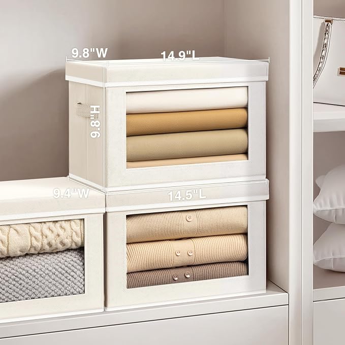Homsorout Storage Bins with Lids - Medium Storage Box with Lids, Foldable Closet Boxes for Organizing, Stackable Clothes Organizer with Window, Cubes Bins for Living Room, 5 Pack, Beige
