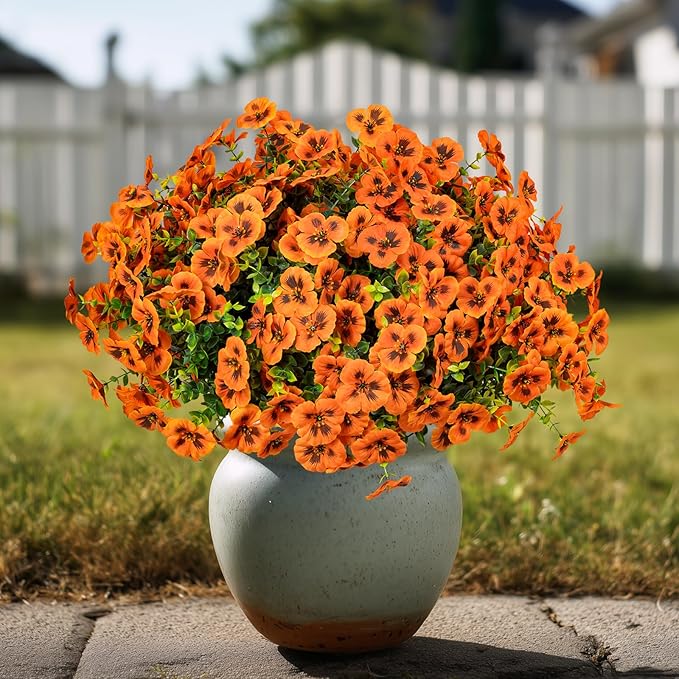 24 Pcs Artificial Fake Pansy Flowers for Outdoor,Faux Silk Plants Flowers UV Resistant Pansies Spring Flowers for Planter Front Door Porch Yard Patio Garden Window Box Home Decor(Orange)