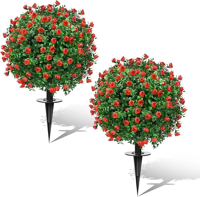 FAJUNZH Artificial Topiary Bushes for Outdoors with Spike, Boxwood Ball Fake Shrubs UV Resistant Faux Plants for Indoor Outdoor Fall Thanksgiving Halloween Decor (Artificial Boxwood Ball Bush-Red)