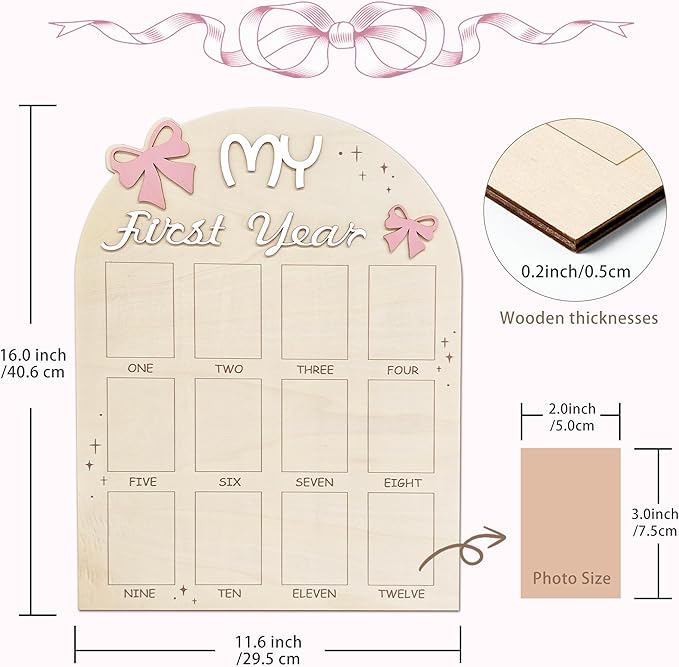 Aukolass Bow One Year of Photo Board, My First Year Photo Photo Board 12 Monthly Milestones Picture Frame for Baby Girl 1st Birthday Decorations (pink) (2" x 3")
