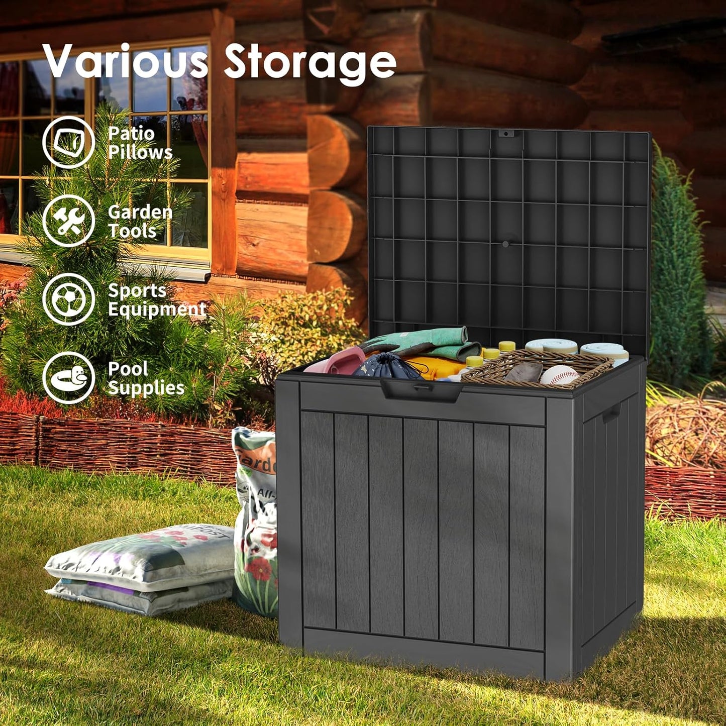 35 Gallon Lockable Resin Deck Box, Waterproof & UV-Resistant Outdoor Storage Box for Outdoor Cushion Storage, Garden Tools & Pool Accessories Storage, Black