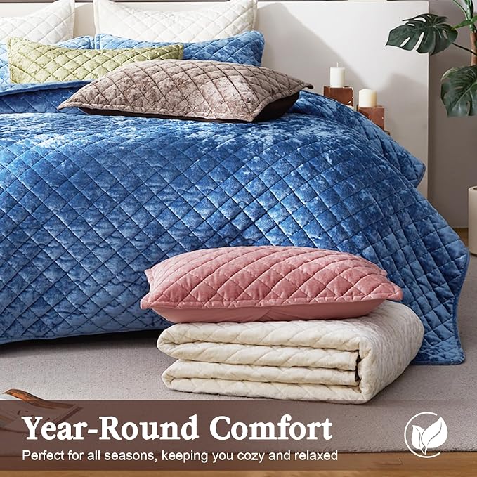 Cosybay Luxury Velvet Quilt Set King, Lightweight Oversized Bedspread Coverlet Quilted Box Stitch Bedding Set, with 2 Matching Pillow Shams, for All Season, Mocha Brown