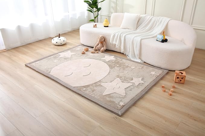 Hakuna Matte CloudRise Baby Play Mat for Floor 80" x 110" Moon & Stars | Coral Velvet high-density foam Rug for Crawling Cozy Play – Non-Slip, Water-Resistant, Easy-Care Tummy Time Mat