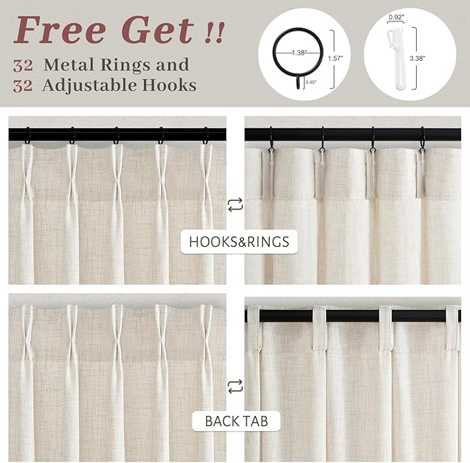 Cream Beige Pinch Pleated High Ceiling 102 Inch Long Curtains for Living Room, Memory Shape Birch Linen Sheer Neutral Window Drapes Sliding Glass Doors Privacy Curtain That Let Light in 4 Panels Set