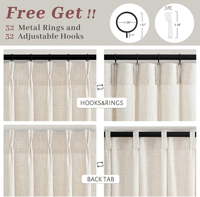 Custom Thick Linen Pleated Floor to Ceiling Curtains for Sliding Glass Doors 100 Inches Long, Memory Trained Pinch Pleat Sheer Privacy Curtain Light Filtering Cottage Core Windows Drapes 4 Panels Set