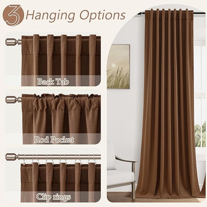 Guken Caramel Brown 100% Blackout Linen Curtains 96 Inch Length 2 Panels Set for Living Room Bedroom Back Tab/Rod Pocket Thermal Insulated Black Out Drapes Room Darkening Farmhouse Window Curtains