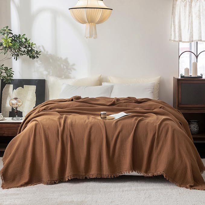 FOSSA Muslin Blanket 4-Layer 100% Cotton Gauze Blanket with Fringe 108"x98" | Super Soft Breathable Lightweight All Season & Decorative Blanket or Bed, Sofa, Office (Dark Orange,Super King)