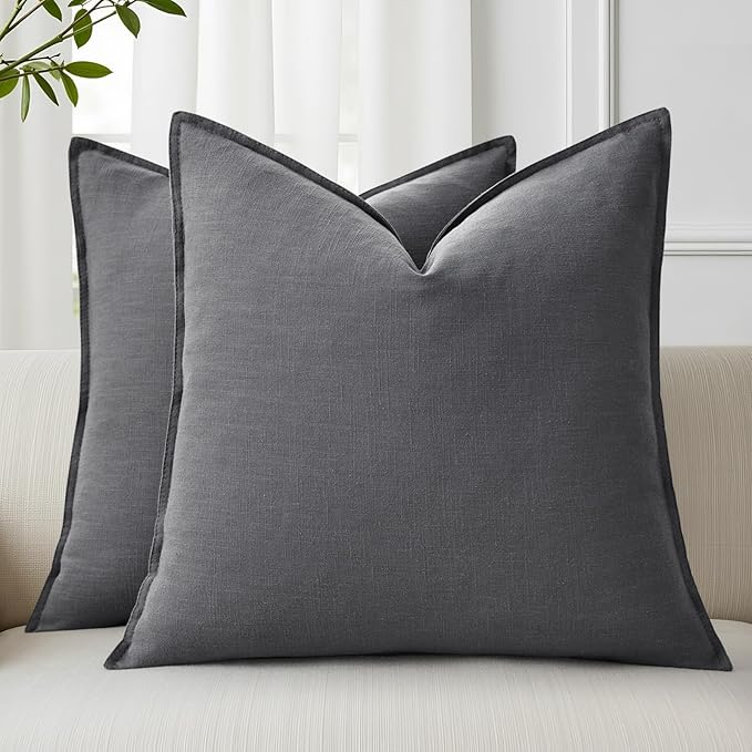 decorUhome Summer Decorative Linen Euro Sham Throw Pillow Covers 22x22 Inch Set of 2 Dark Grey Pillow Covers with Flange Edges Soft Farmhouse Boho Accent Pillow Cases for Couch Bed Living Room