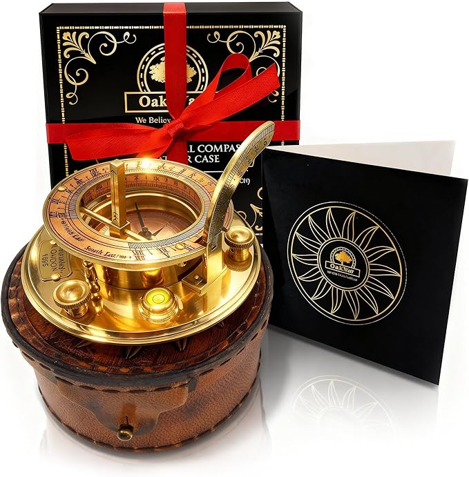 OakiWay Brass Sundial Compass in Leather Case - Nautical Gifts for Men, Antique Sailing Anniversary Vintage Gifts, Unusual Unique Nautical Decor, Ship Naval Maritime Pocket Watch Clock (4.1" Inch)
