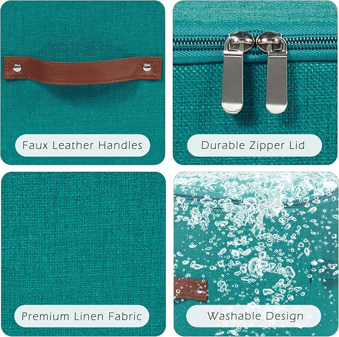 2 Pack Storage Bins with Zipper Lid Cotton Linen Fabric Lidded Storage Baskets Boxes Foldable Washable Closet Shelf Clothes Organizer Container with PU Leather Handles (Teal Blue, Small)