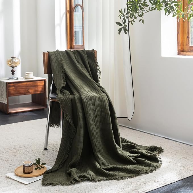 FOSSA Muslin Blanket 4-Layer 100% Cotton Gauze Blanket with Fringe 50"x70" | Super Soft Breathable Lightweight All Season & Decorative Blanket or Bed, Sofa, Office (Olive Green,Throw XL)