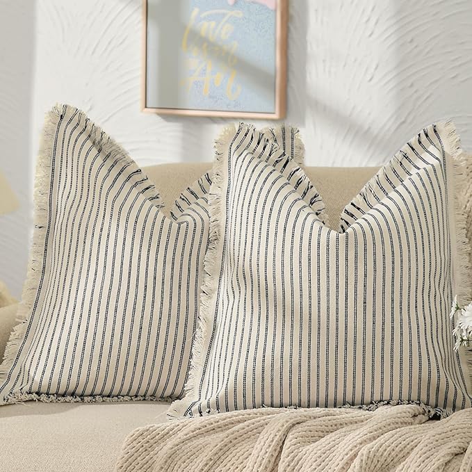 ZWJD Throw Pillow Covers 16x16 Set of 2 Striped Pillow Covers with Fringe Chic Cotton Decorative Pillows Square Cushion Covers for Sofa Couch Bed Living Room Farmhouse Decor, (Navy)