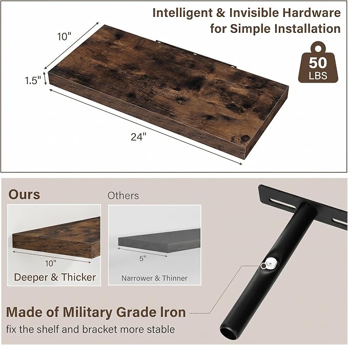 Acovy 10" Extra Deep Floating Shelves for Wall, 24" Long Wood Wall Shelves Set of 2 for Bathroom Bedroom Kitchen Living Room Laundry Room, Modern Floating Shelf for Home Decor