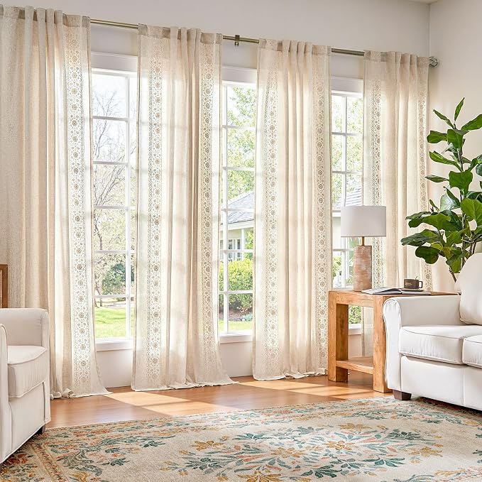jinchan Weslie Boho Curtains for Bedroom Ivory Vintage Floral Farmhouse Curtains 90 Inches Long Linen Drapes for Living Room Embroidered Light Filtering Drapes Rod Pocket Ivory on Beige 2 Panels