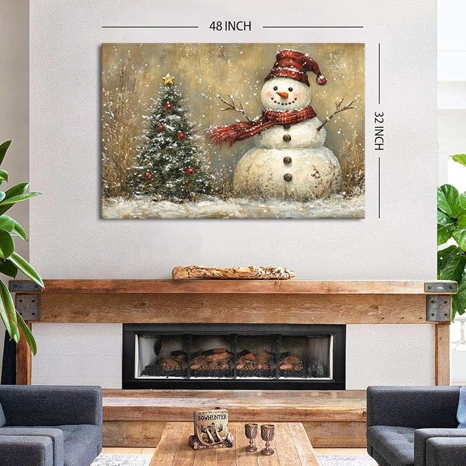 Vintage Christmas Canvas Wall Art Farmhouse Style Painting Home Decoration 32x48in,Christmas Tree Poster Funny Snowman Picture Print Retro Winter Snowy Artwork for Living Room Bedroom Ready to Hang