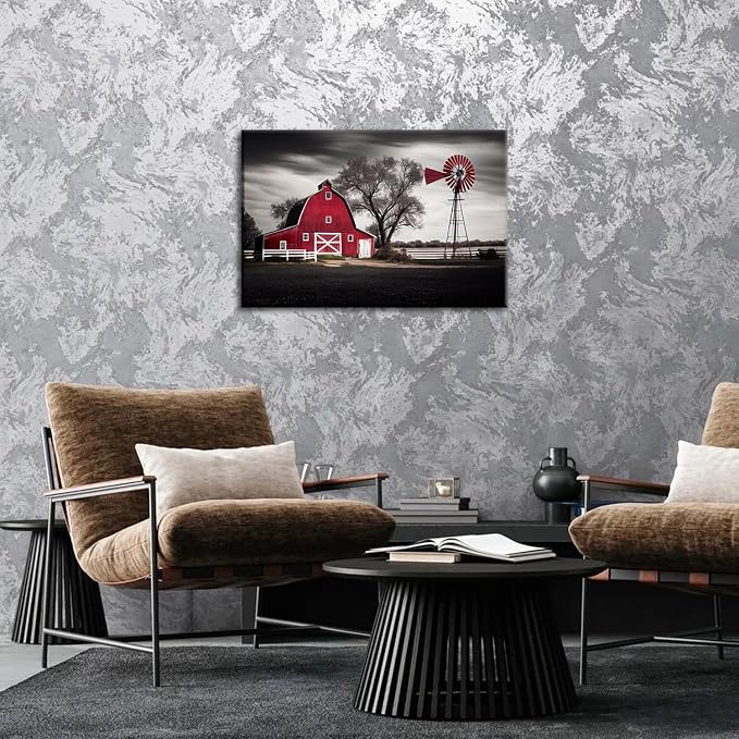 Black and White Barn Canvas Wall Art Farmhouse Nature Landscape Windmills Picture for Living Room Decoration Country Farm Red Barn Framed Painting Rustic Print Artwork Bedroom Modern Home Decor 20x30