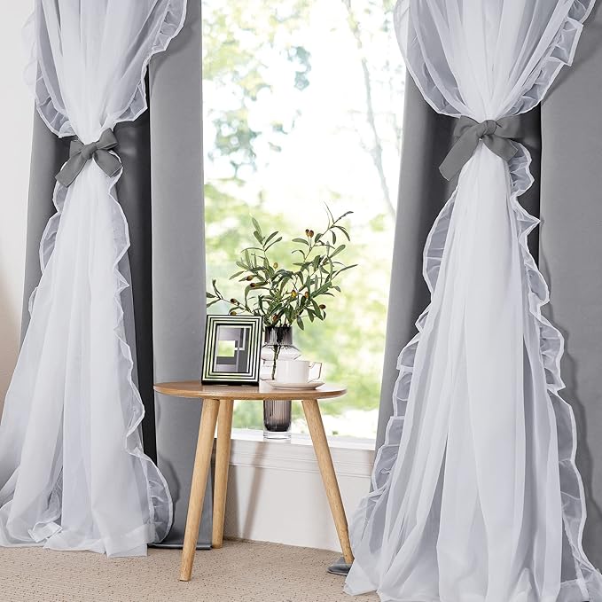 PONY DANCE Shabby Chic Curtains for Room Decor Bedroom Double Layer Ruffle Sheer Overlay with Tiebacks Drapes with Grommet Top, 52" W x 84" L, Silver Grey, Set of 2