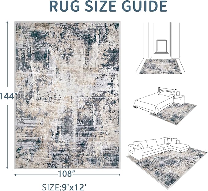 Area Rugs 9x12 Living Room: Washable Rug Modern Abstract Large Rugs Soft Non Slip Neutral Rug Stain Resistant Indoor Carpet for Bedroom Kitchen Dining Room Home Office Rugs(Black Brown,9'x12')