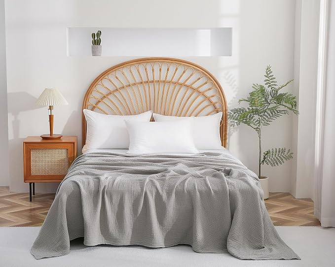 100% Cotton Muslin Queen Blanket (90" x 90") – A Luxuriously Soft, 4-Layer Lightweight and Breathable Gauze Blanket, Perfect for Year-Round use on beds, couches (Grey, Queen)
